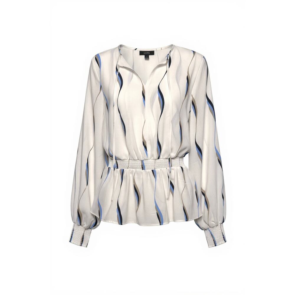 Alfani White Wave Print Peplum, Smocked Waist Blouse Size Small